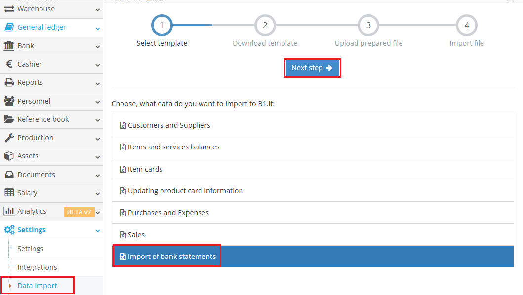 Downloading Excel template for bank statement import