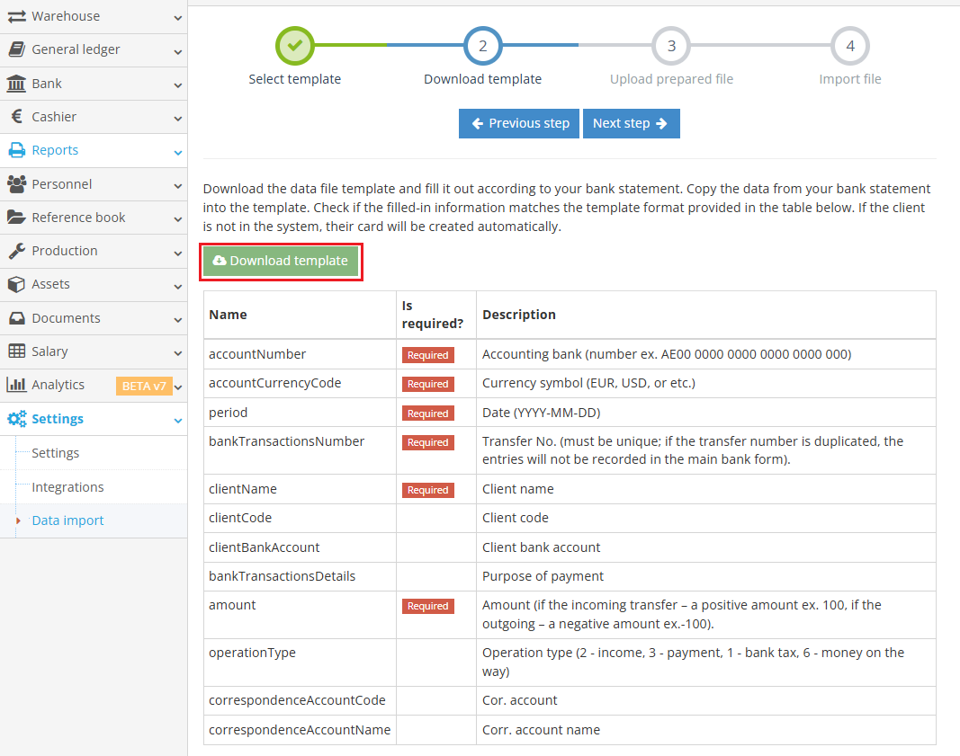 Excel data template for bank statement import