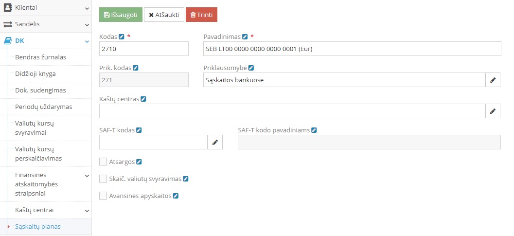 Banko sąskaitų kor. sąskaitų sukūrimas programoje