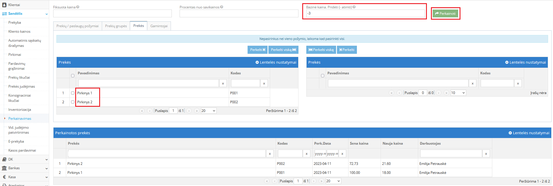 Bazinės kainos sumažinimo arba padidinimo nurodymas