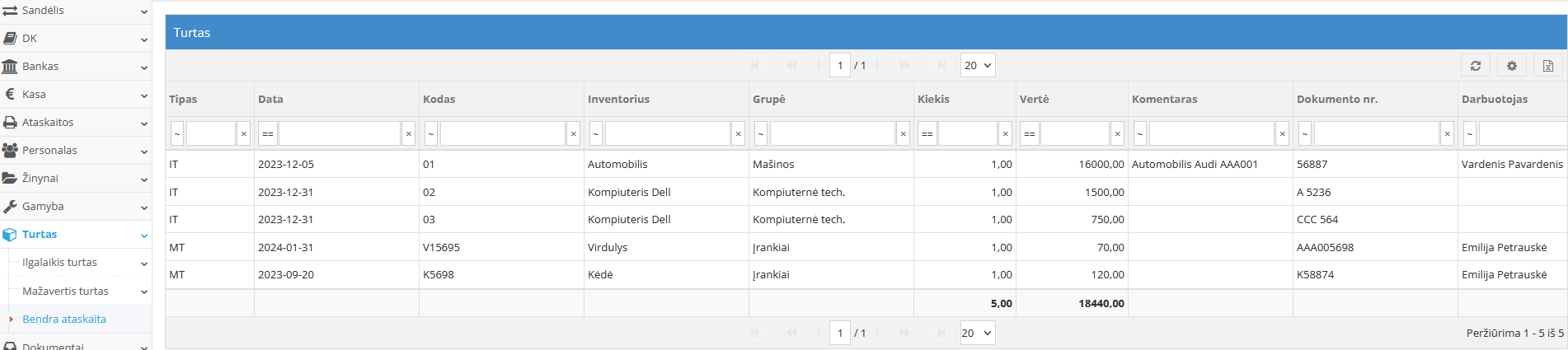 Bendra ataskaita apie įmonės turtą
