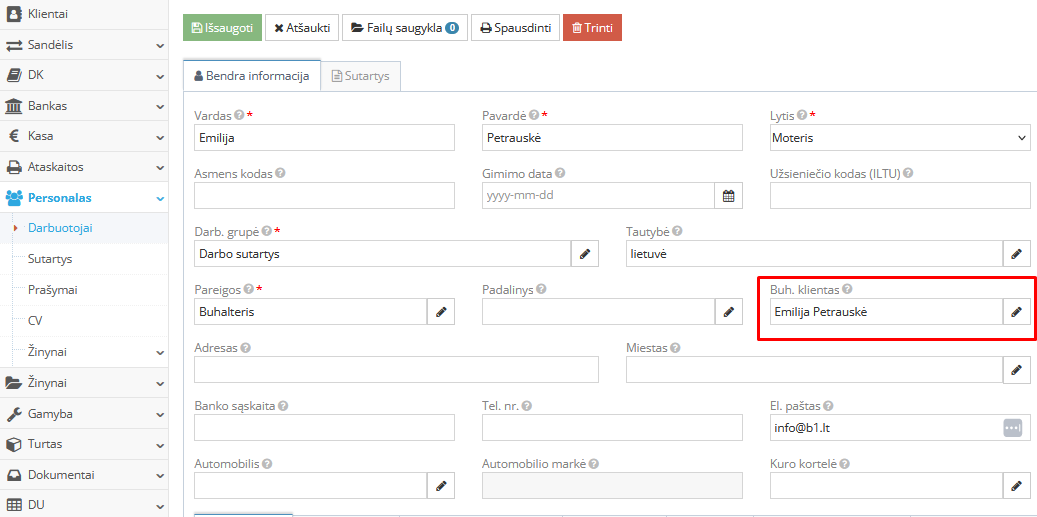Darbuotojo buhalterinio kliento pasirinkimas
