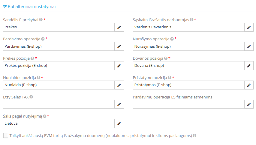 Buhalterinių nustatymų užpildymo pavyzdys Etsy integracijoje