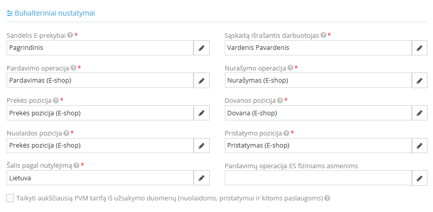 Pigu.lt buhalterinių nustatymų langas
