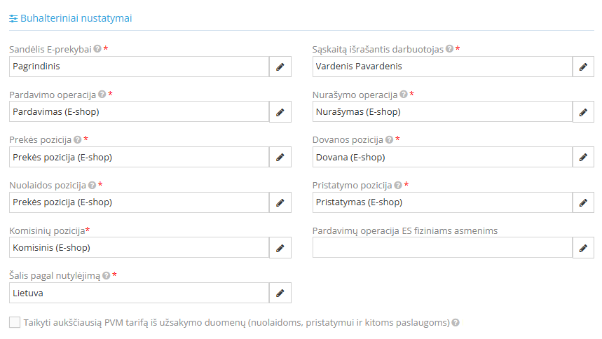 Buhalterinių nustatymų langas Verskis integracijai