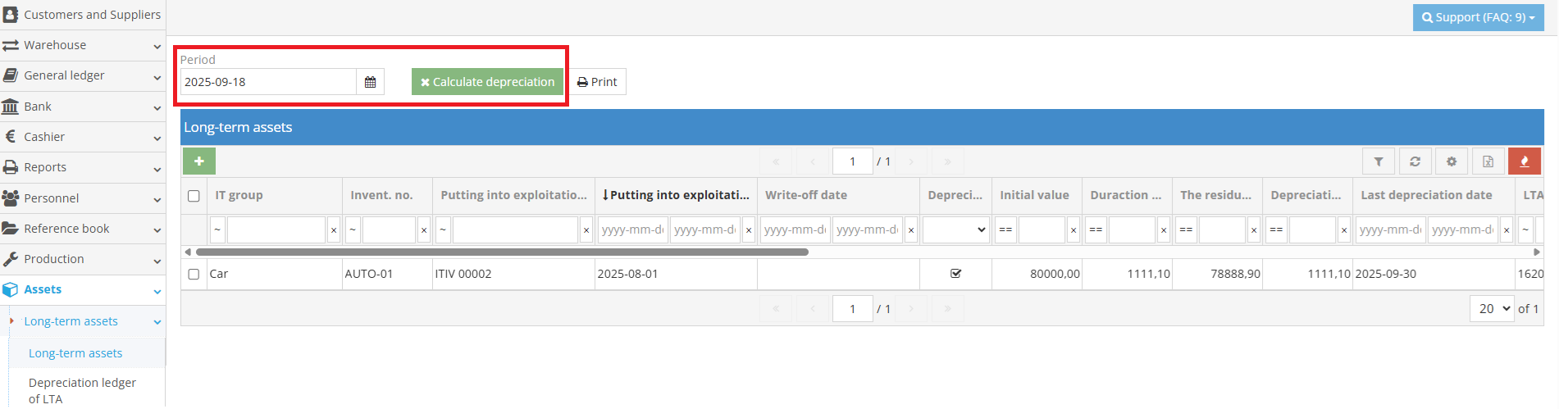 Depreciation calculation example in the accounting program