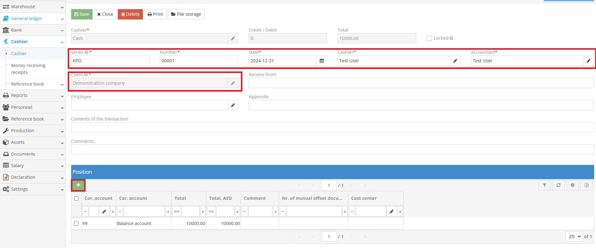 Cashier register entry form in accounting system