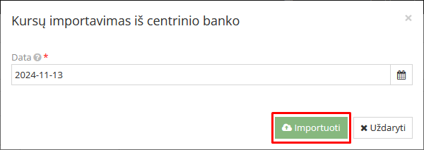 Valiutos kurso importavimo langas su datos įvedimu