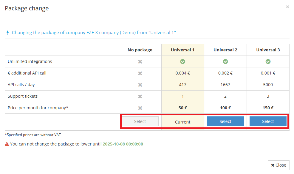 Selecting integration package options in the popup window