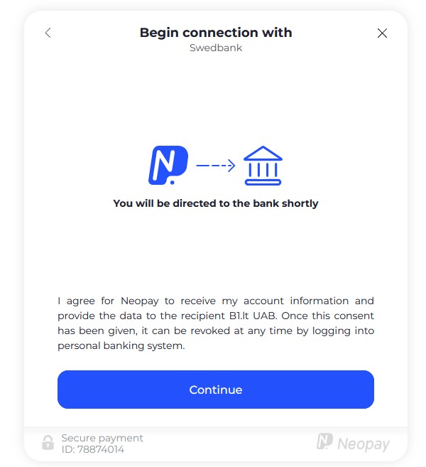 Continue confirmation on Neopay platform