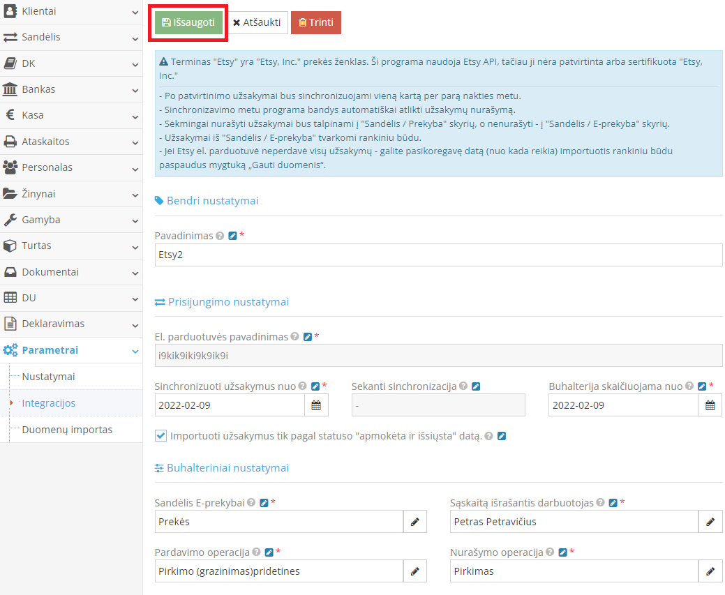 Naujos integracijos API rakto parametrai