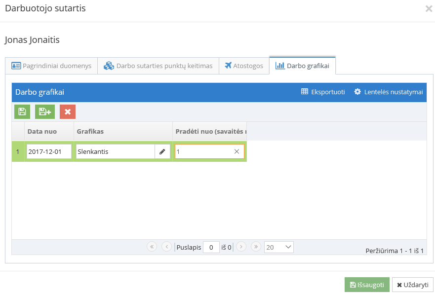 Darbo grafiko priskyrimo langas
