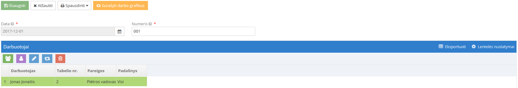 Darbo grafiko surašymo langas