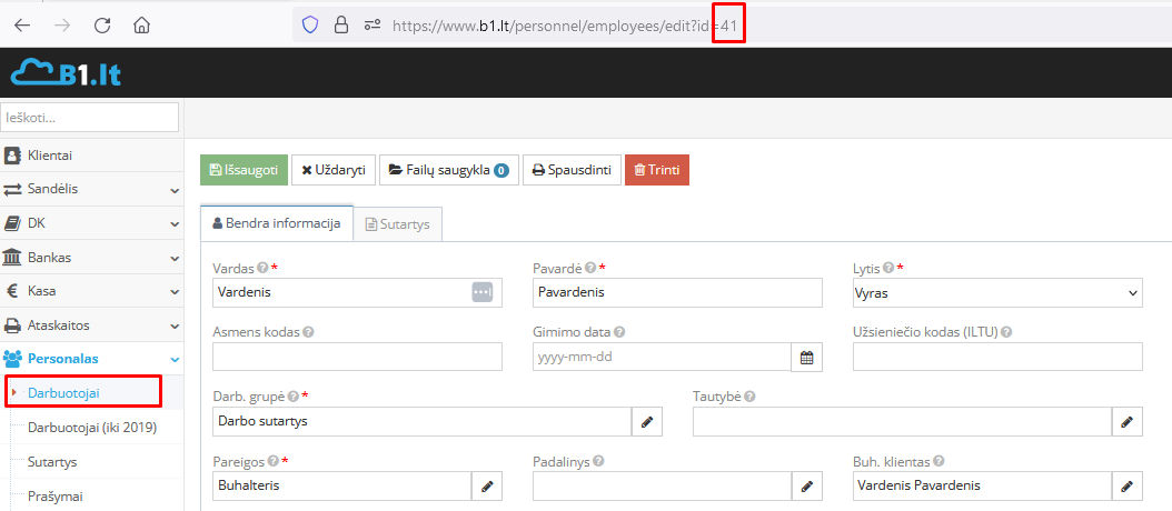 Darbuotojo ID rodymas darbuotojo kortelėje
