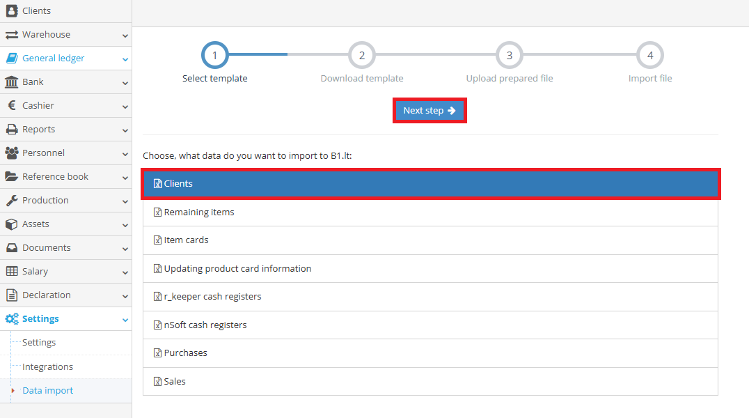 Client data import settings window