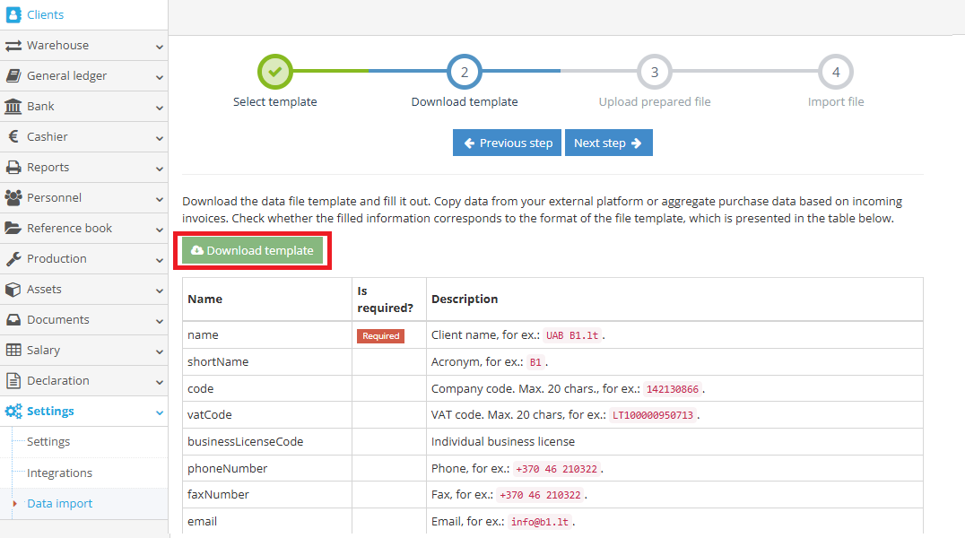 Excel template download window for client data