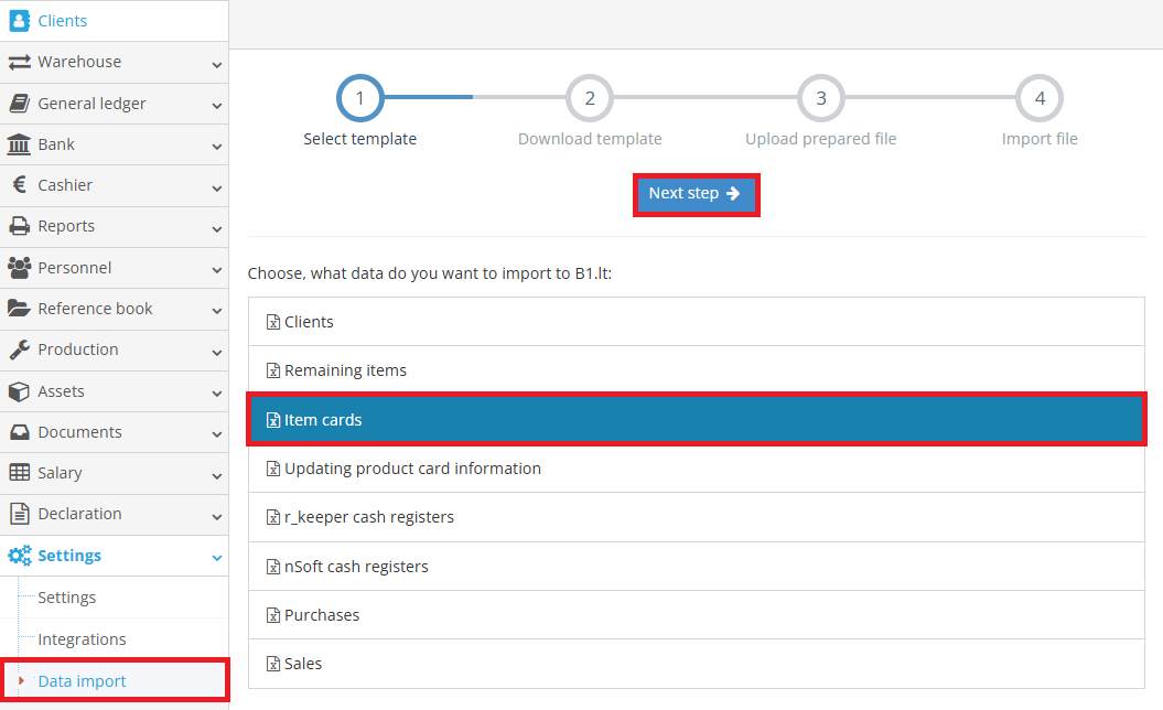 Data import item cards window in the program