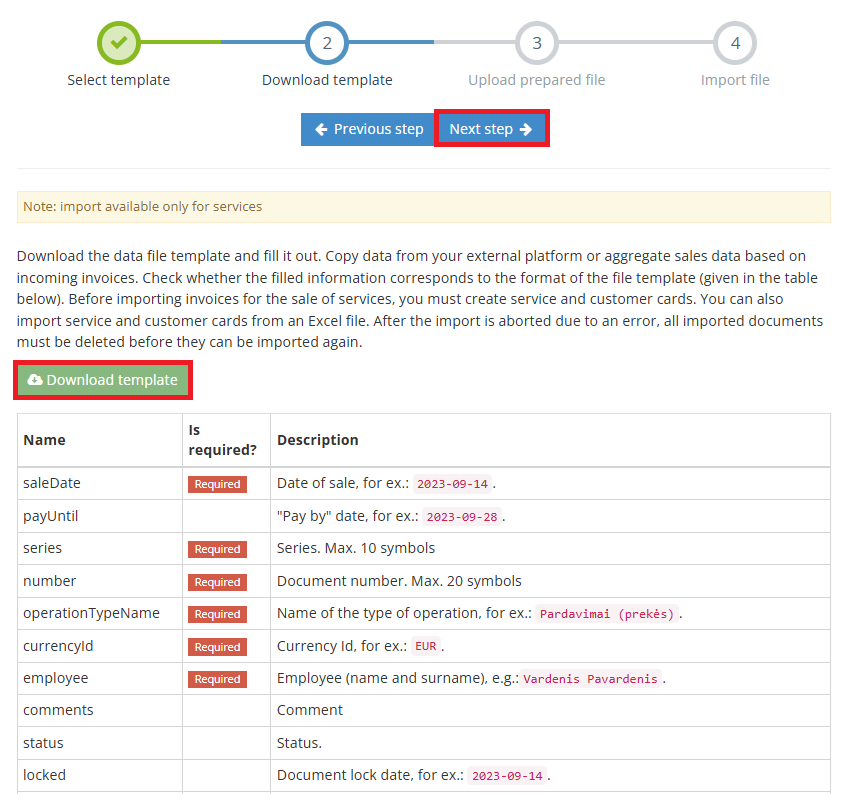 Excel template download for sales data import in Site.pro