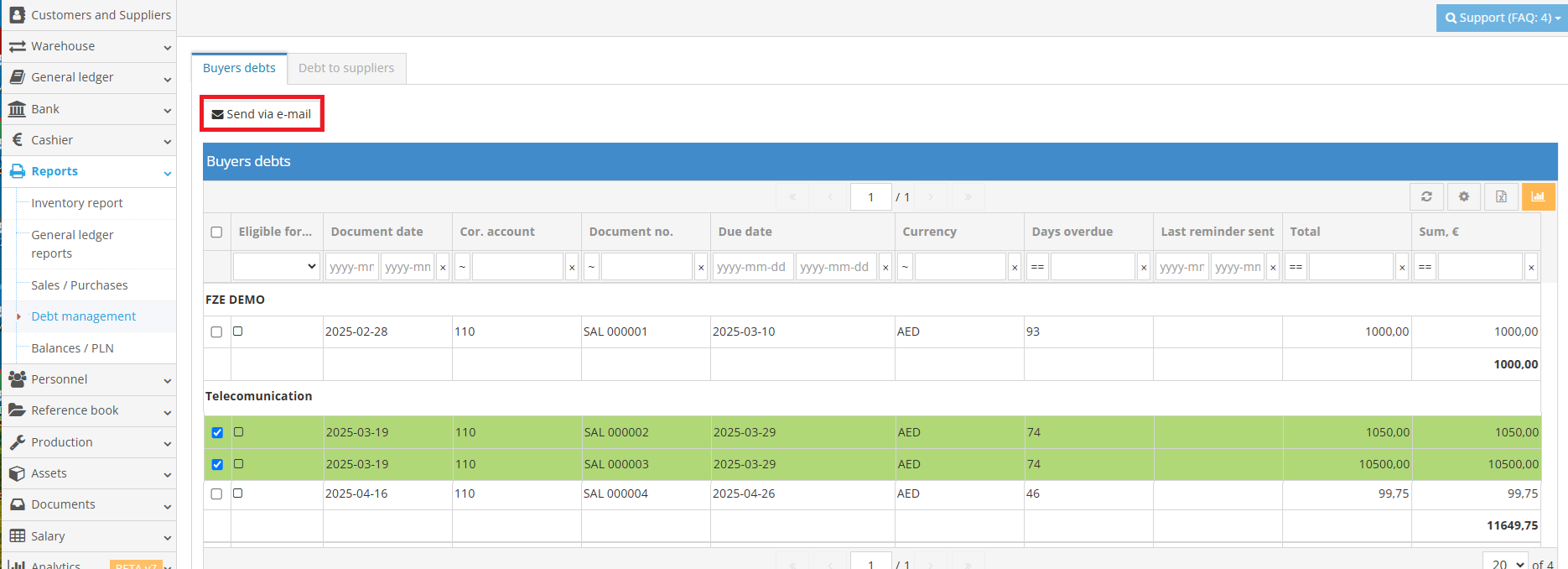 Manual debt reminder sending interface screenshot