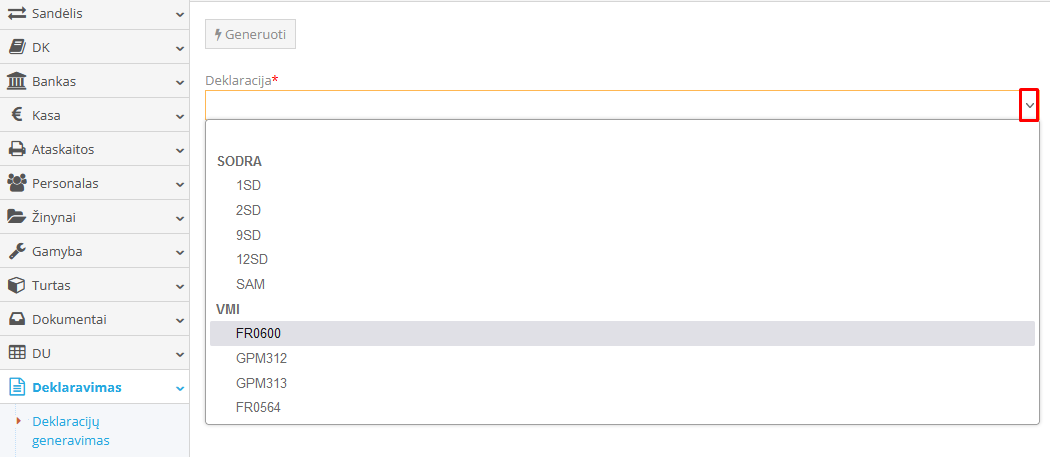 Deklaracijų generavimo langas buhalterinėje sistemoje