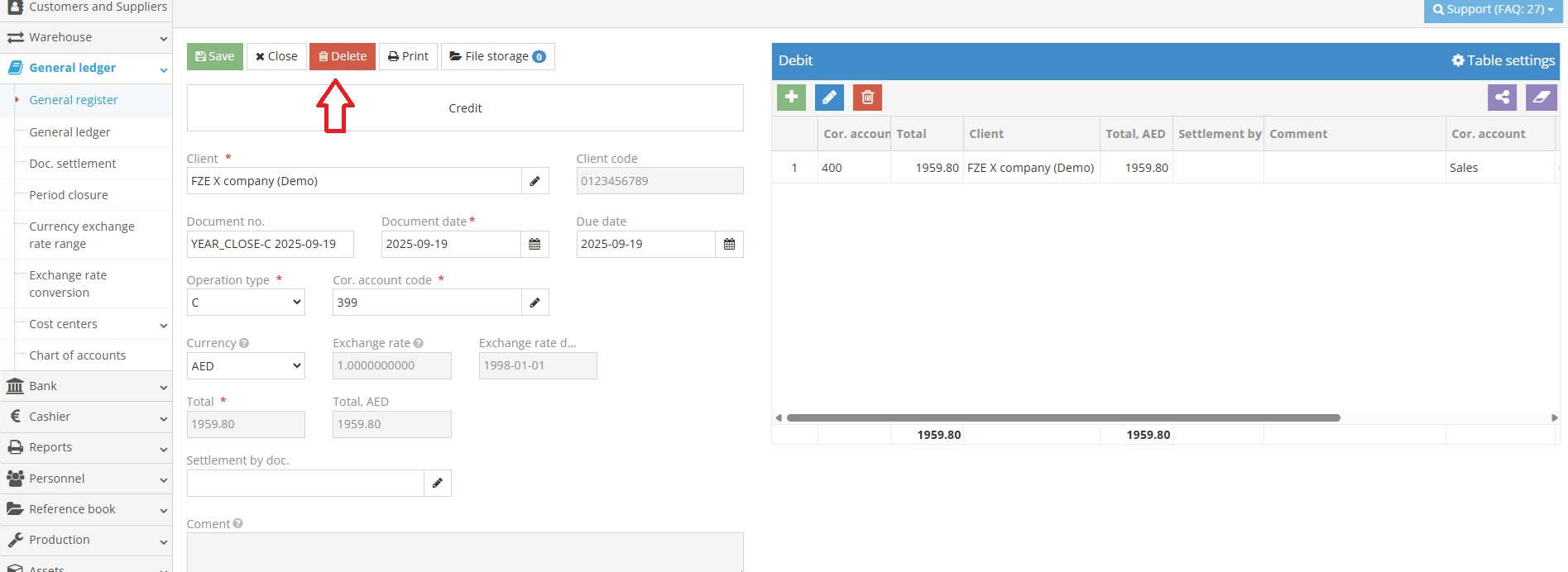 Deleting an entry from the general register