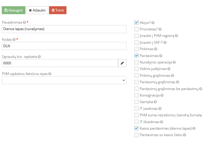 Dienos lapo nurašymo operacijos pavyzdys