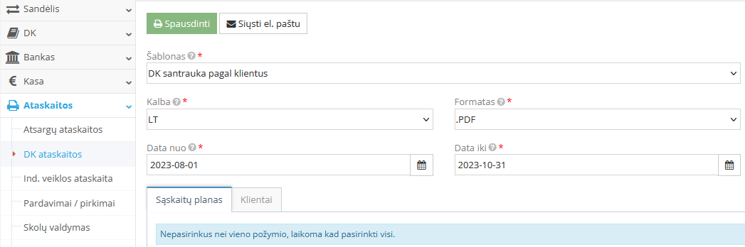 Didžiosios knygos ataskaitų šablonų pasirinkimo langas