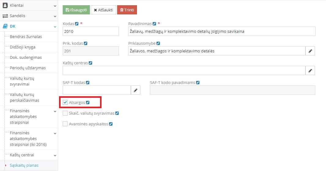 Sąskaitų plano požymio Atsargos nustatymas
