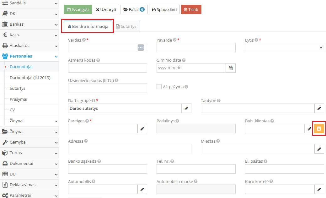 Darbuotojo kortelės informacija