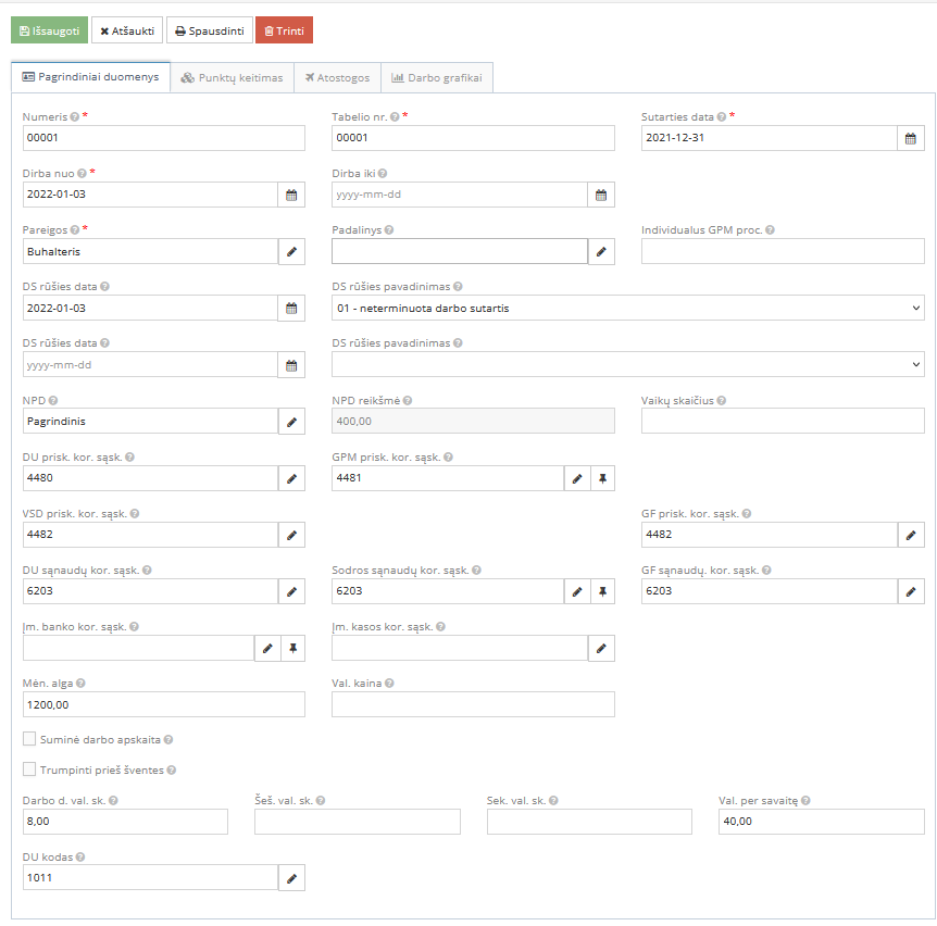 Darbo sutarties duomenų užpildymas