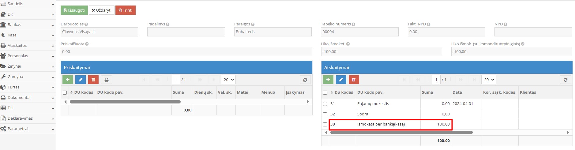 Atskaitymo kodo naudojimas darbo užmokesčio modulyje