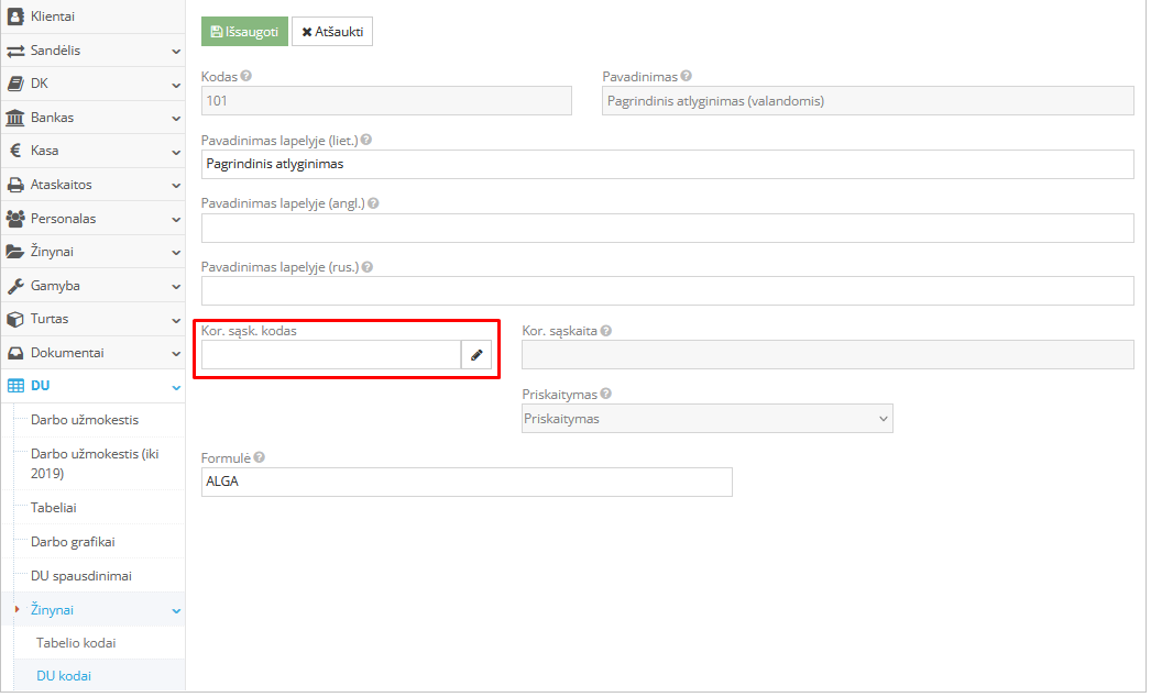 DU kodų koreguojamų sąskaitų priskyrimo langas