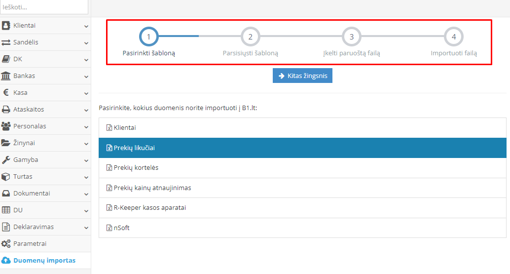 Prekių likučių importo langas Site.pro programoje
