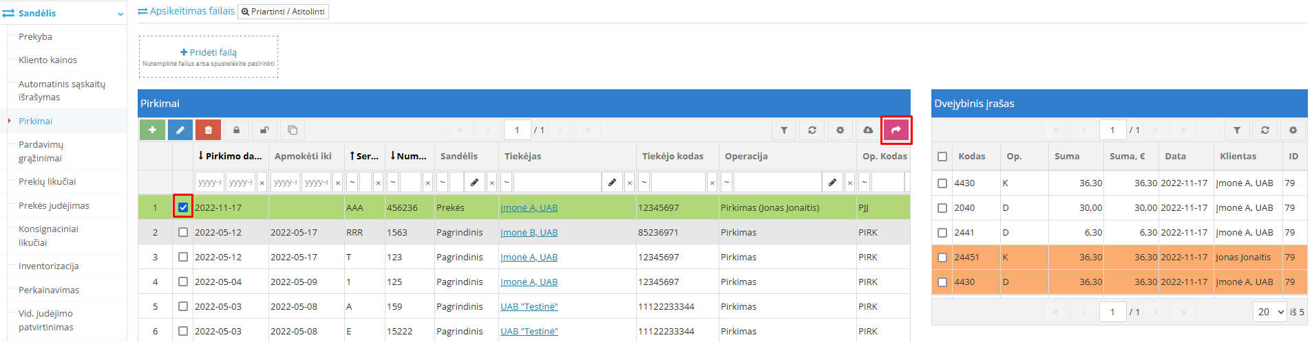 Dvejybinio įrašo kor. sąskaitų patikrinimo langas