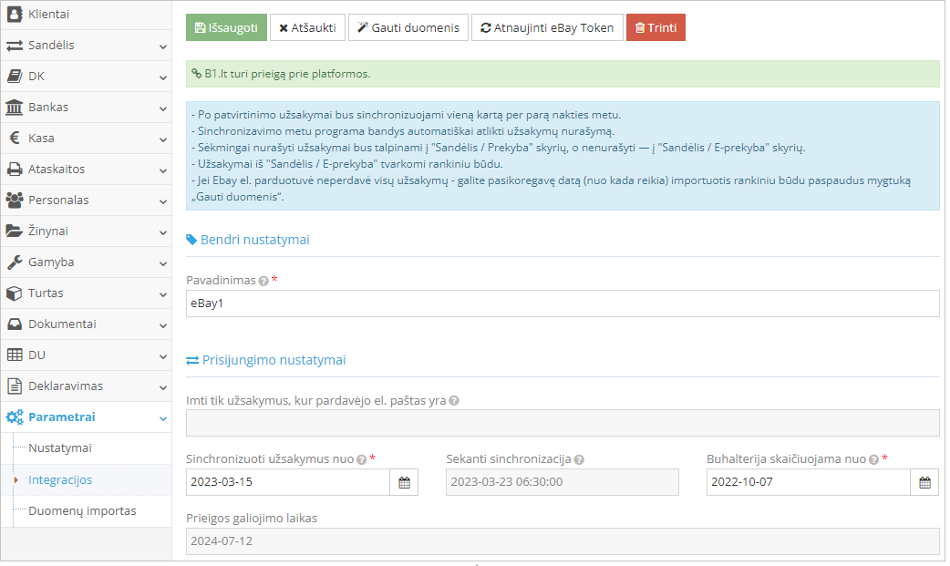 Ebay nustatymų langas integracijos modulyje
