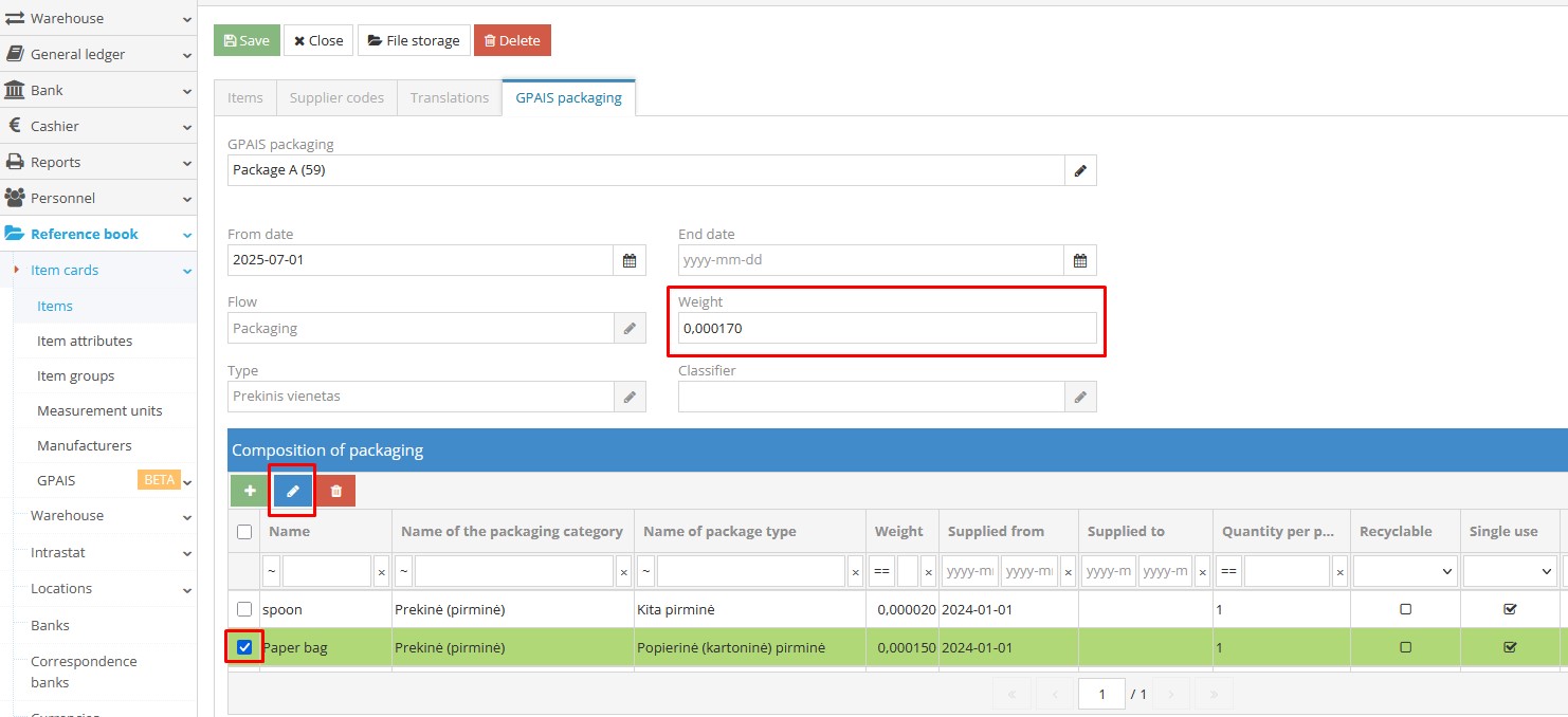Edit packaging card and update packaging weight