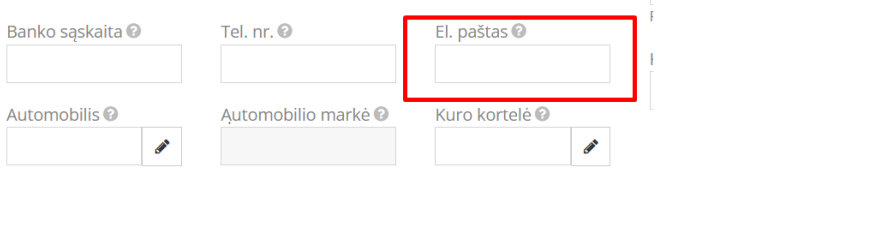 Darbuotojo kortelės el. pašto adreso įvedimas
