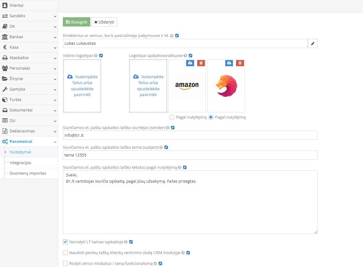 Sąskaitos siuntimo el. laiško teksto nustatymas Site.pro programoje