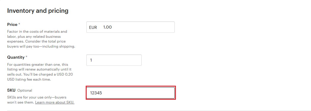Etsy SKU kodo įvedimas be variacijų