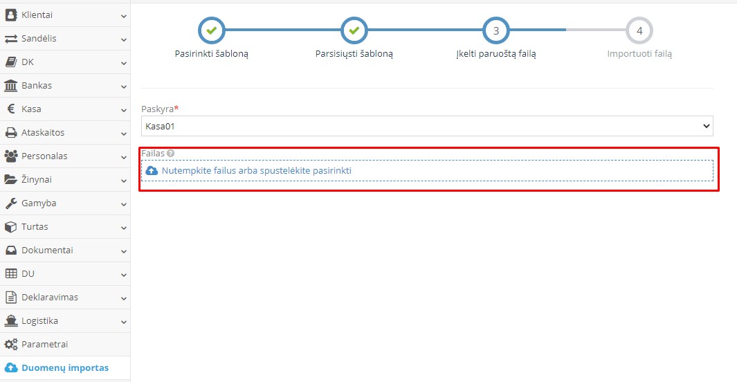Failo įkėlimo langas nSoft duomenų importo metu