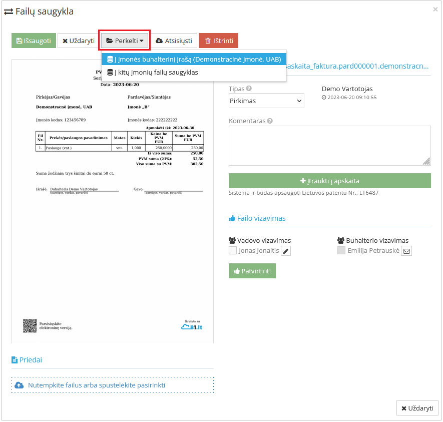 Dokumento įkėlimas į įmonės buhalteriją