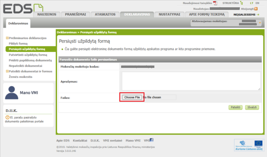 Ataskaitos failo įkėlimas į VMI (EDS) sistemą