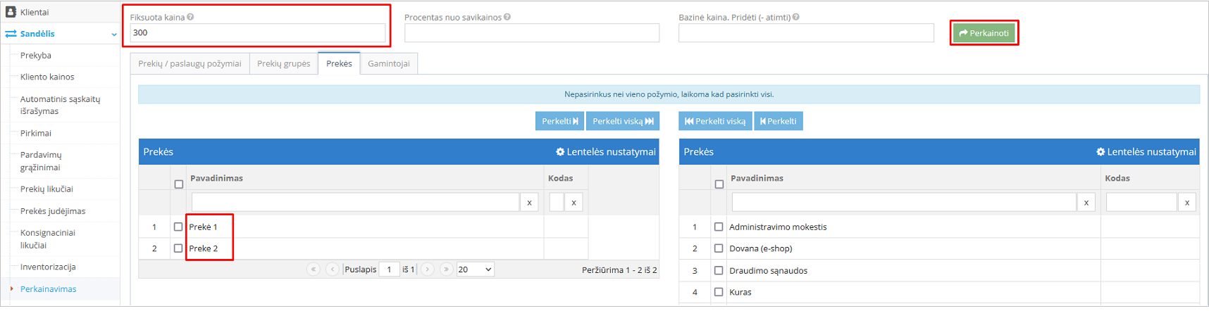 Fiksuotos kainos nustatymas prekių kortelėms