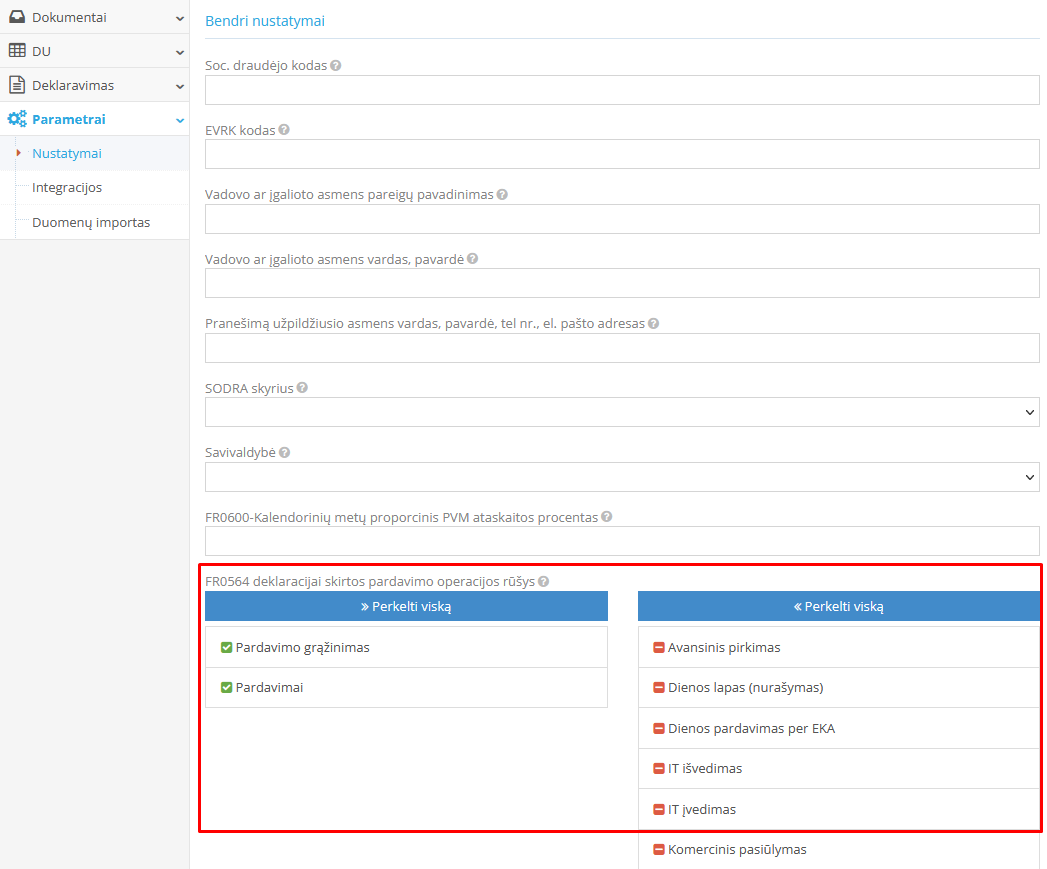 FR0564 ataskaitos operacijų rūšių nustatymas prekybos modulyje