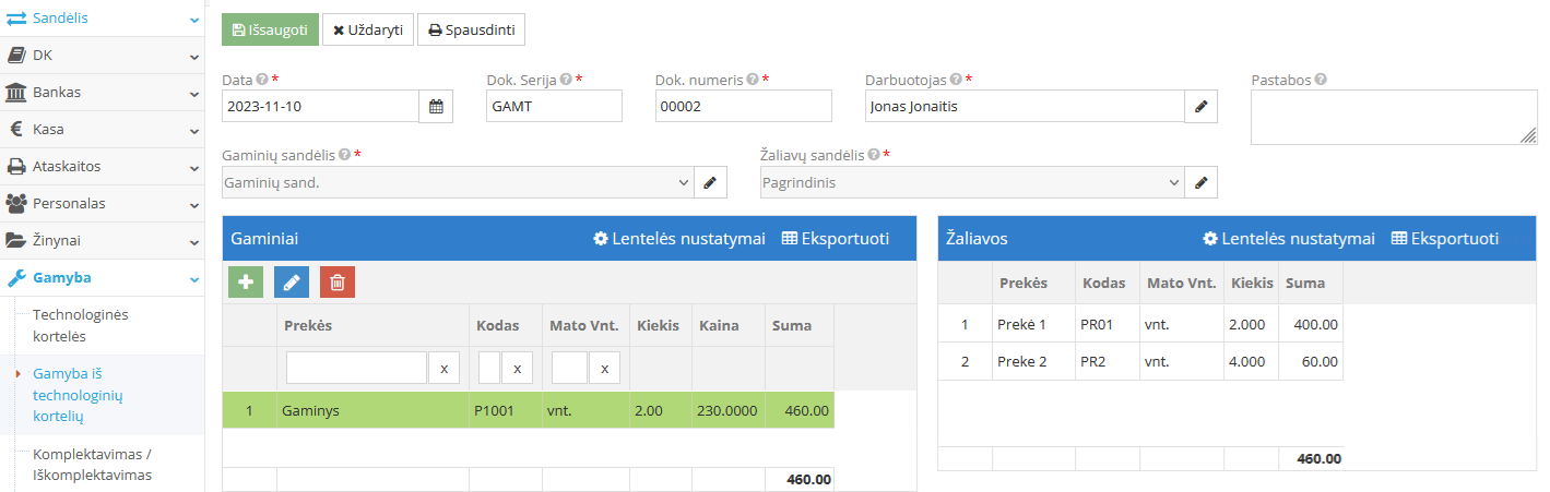 Gamybos akto spausdinimas