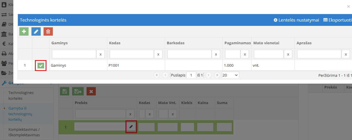 Technologinės kortelės pasirinkimas