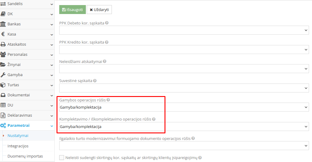 Gamybos operacijos priskyrimas nustatymuose