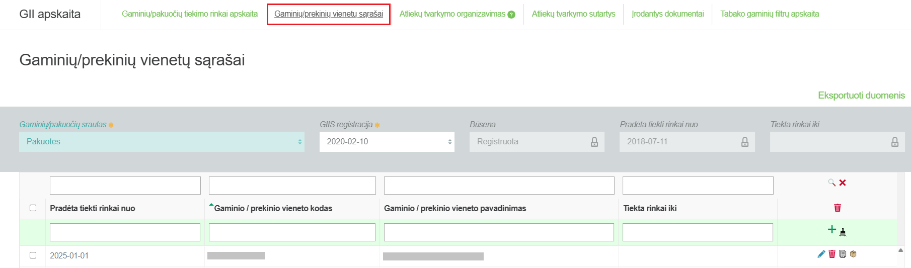 Įkeltų gaminių sąrašo peržiūra GPAIS sistemoje