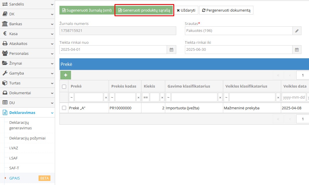 Gaminių vienetų sąrašo generavimo mygtukas