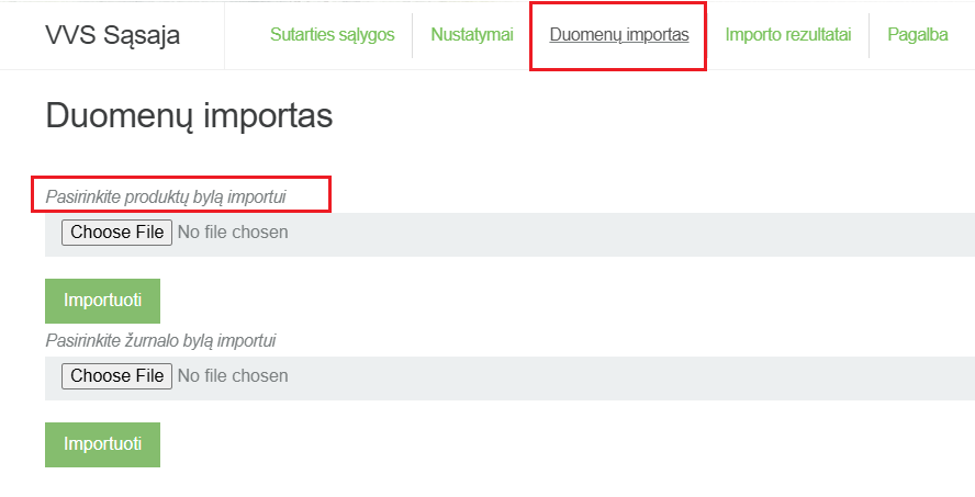 Duomenų importo langas GPAIS sistemoje